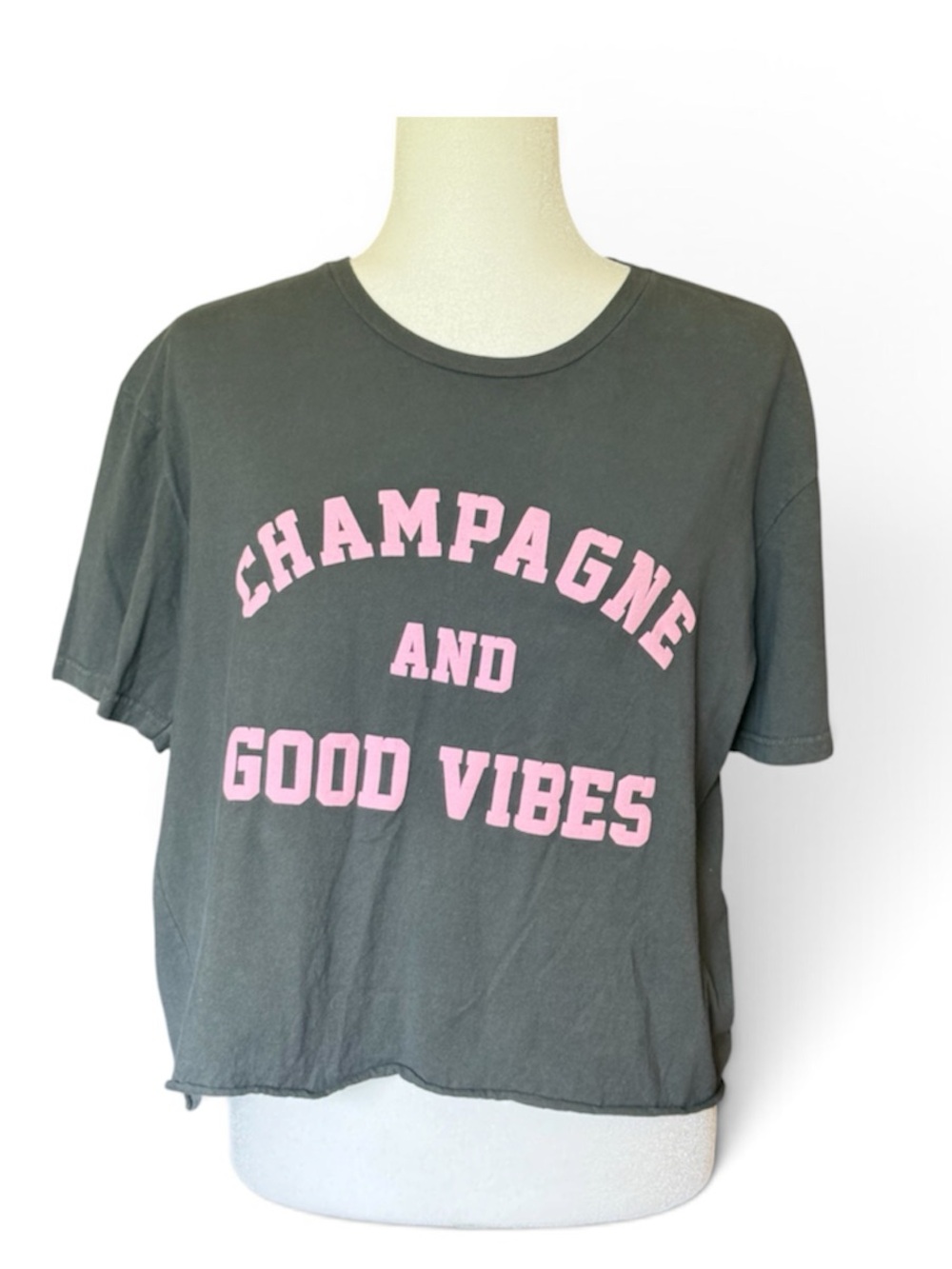 VICI - Pink 'Champagne and Good Vibes' on Charcoal cropped tee
